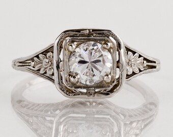 Antique Engagement Ring - Antique 14k White Gold Filigree Diamond Engagement Ring