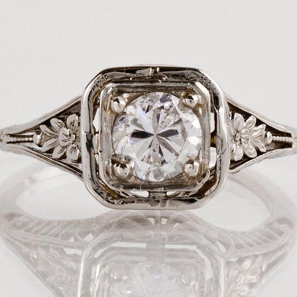 Antique Engagement Ring - Antique 14k White Gold Filigree Diamond Engagement Ring