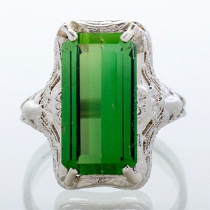 Antique Ring - Antique Edwardian 14k White Gold 4.58ct Green Tourmaline Filigree Ring