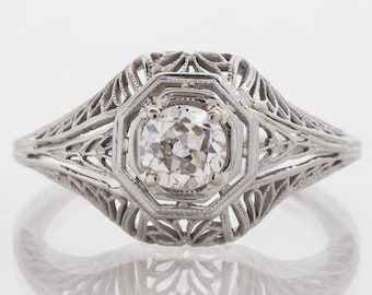 Antique Edwardian 18k White Gold Filigree Diamond Engagement Ring