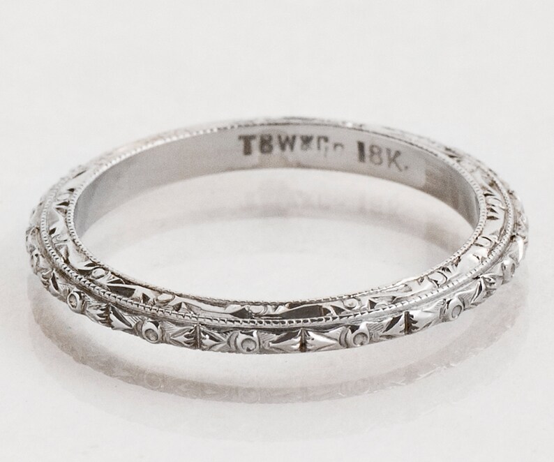 Antique Wedding Band Antique 18k White Gold Engraved Wedding - Etsy