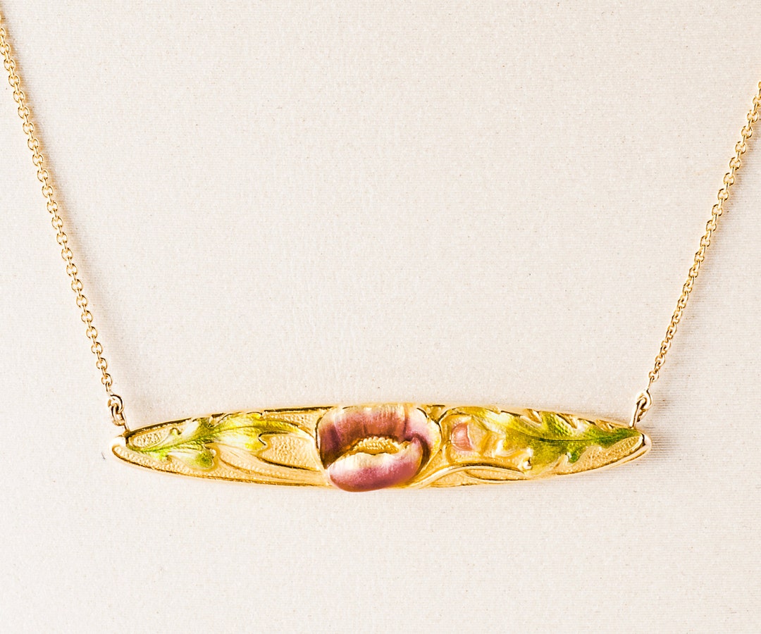 Antique Necklace - Antique Art Nouveau 14k Yellow Gold Enamel Flower ...
