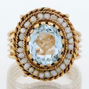 Antique Ring - Antique 14k Yellow Gold Seed Pearl & Aquamarine Ring