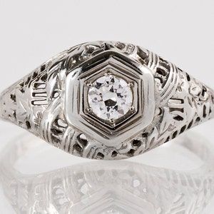 Antique Engagement Ring - Antique 18k White Gold Filigree Diamond Engagement Ring
