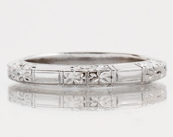 Antique Wedding Band - Antique 14k White Gold Patterned Wedding Band