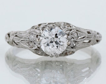 Antique Platinum European Cut Diamond Engagement Ring: 1920s Art Deco