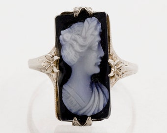 SALE - Antique Ring - Antique 14k White Gold Black Onyx Cameo Ring