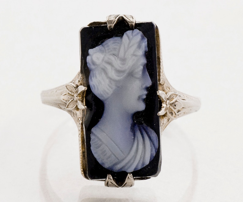 SALE Antique Ring Antique 14k White Gold Black Onyx Cameo Ring image 1