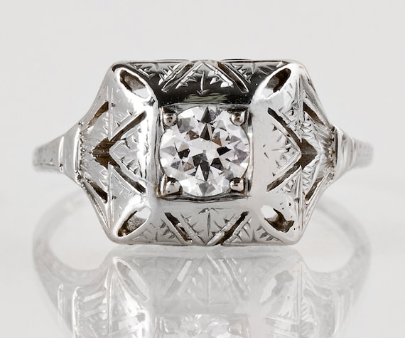 1920s Art Deco Diamond Engagement Ring: 18k White Gold