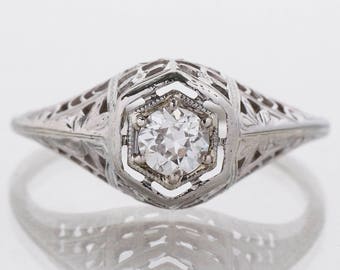 Antique Engagement Ring - Antique Edwardian 18k White Gold Filigree Diamond Engagement Ring