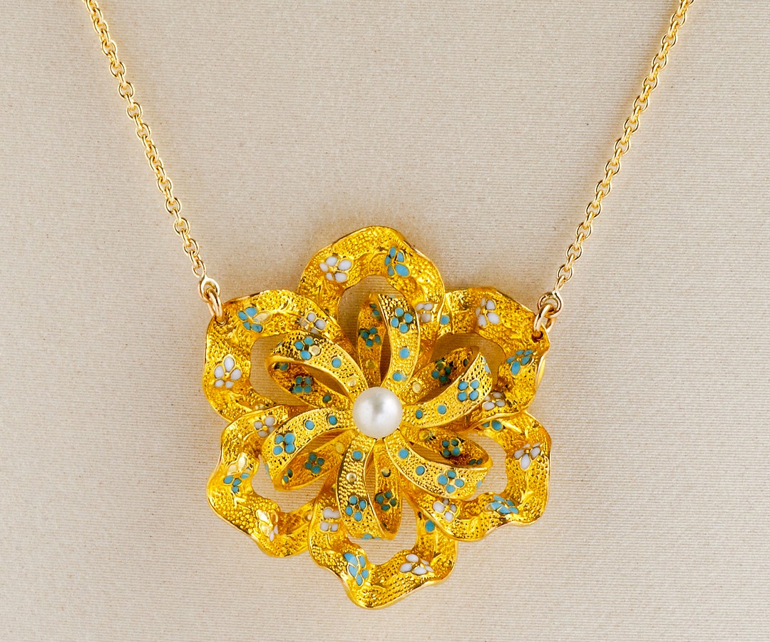 Antique Necklace - Antique Art Nouveau 14k Yellow Gold Enamel Flower ...