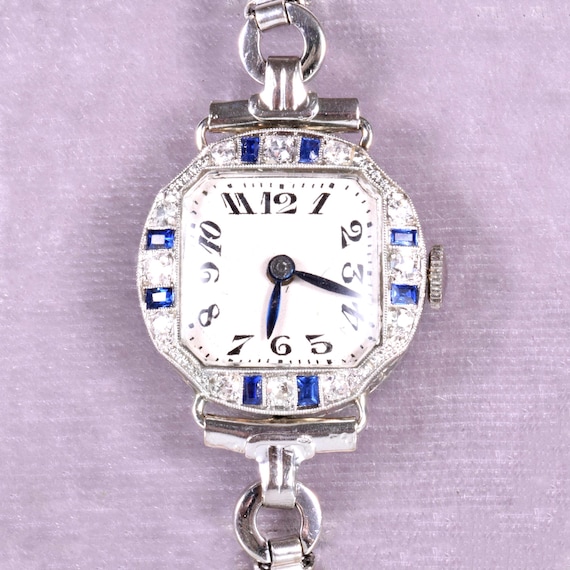 Antique Watch - Antique Art Deco 14k White Gold Diamond & Sapphire Watch