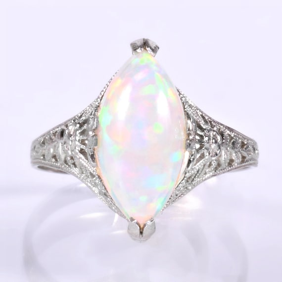 Antique Ring - Antique Edwardian 14k White Gold Marquise Opal Filigree Ring