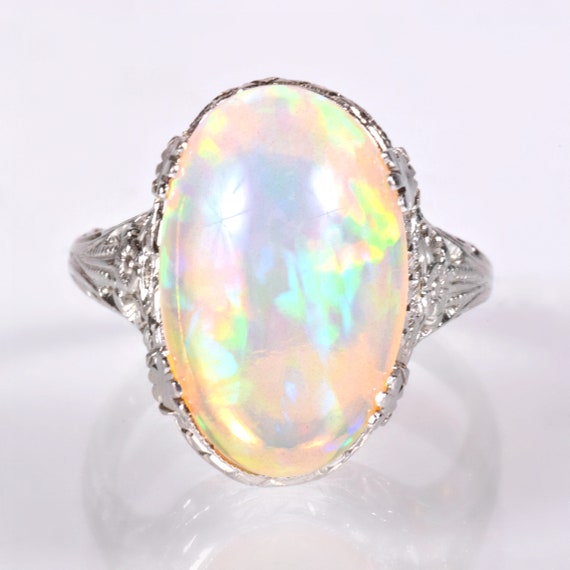 Antique Ring - Antique Edwardian 14k White Gold 6.05ct Opal Filigree Ring