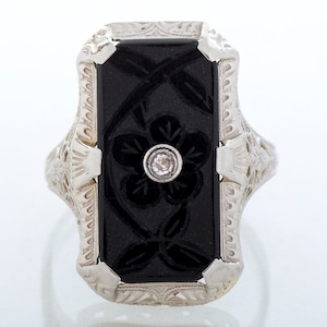 Antique Ring - Antique 14k White Gold Carved Black Onyx Diamond Filigree Ring
