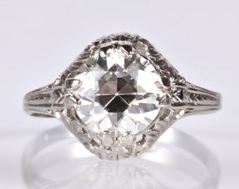 Antique Engagement Ring - Antique 18k White Gold 1.77ct European Cut Diamond Engagement Ring