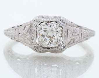 Antique Engagement Ring - Antique 18k White Gold Floral Design Diamond Engagement Ring