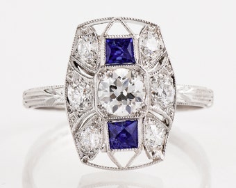 Antique Engagement Ring - Antique Art Deco Platinum Diamond and Sapphire Conversion Engagement Ring