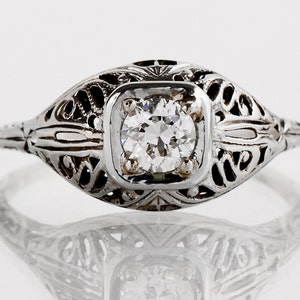 Antique Engagement Ring - Antique 1920s 18k White Gold Filigree Diamond Filigree Engagement Ring