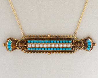 Antique Necklace - Antique Victorian 14k Yellow Gold Turquoise & Seed Pearl Conversion Necklace