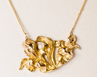 Antique Necklace - Antique Art Nouveau 14k Yellow & Rose Gold Seed Pearl Pendant