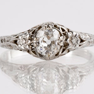 Antique Engagement Ring - Antique 1920s 18k White Gold Filigree Diamond Engagement Ring