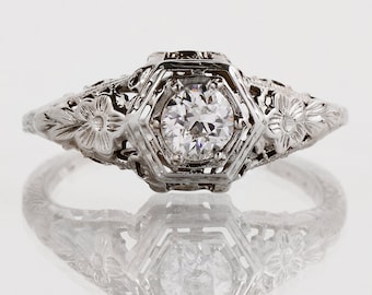 Antique Engagement Ring - Antique Arts and Crafts Era 18k White Gold Filigree Diamond Engagement Ring