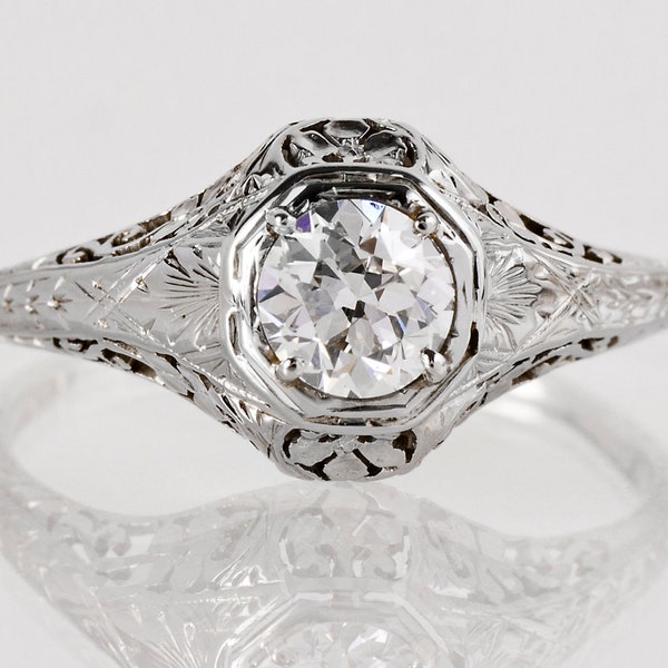 Antique Engagement Ring - Antique Art Nouveau 18k White Gold Filigree Diamond Engagement Ring