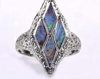 Antique Ring - Antique 14k White Gold Belais Boulder Opal Filigree Ring