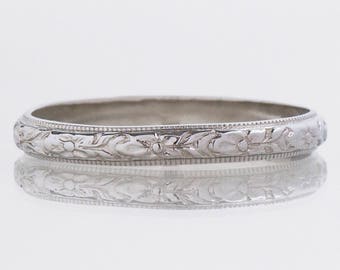 Antique 18k White Gold Floral Engraved Wedding Band - Size 6