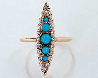 Antique Ring - Antique Victorian 10k Rose Gold Rose Cut Diamond & Turquoise Navette Ring