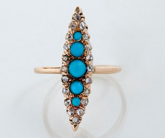 Antique Ring - Antique Victorian 10k Rose Gold Rose Cut Diamond & Turquoise Navette Ring