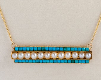 Antique Necklace - Antique Victorian 14k Yellow Gold Persian Turquoise & Seed Pearl Conversion Necklace