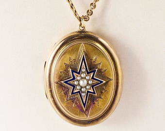 Antique Necklace - Antique Victorian 14k Yellow Gold Seed Pearl and Enamel Locket