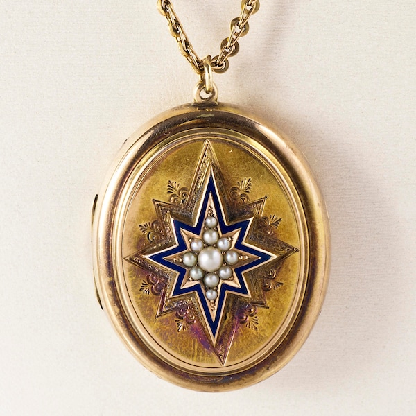 Antique Necklace - Antique Victorian 14k Yellow Gold Seed Pearl and Enamel Locket