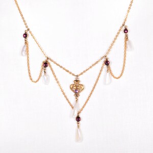 Collar antiguo: collar de solapa victoriano antiguo de oro de 14 k con amatista y perla natural