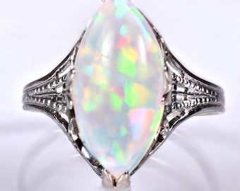 Antique Ring - Antique 14k White Gold Marquise 2.91ct Opal Ring