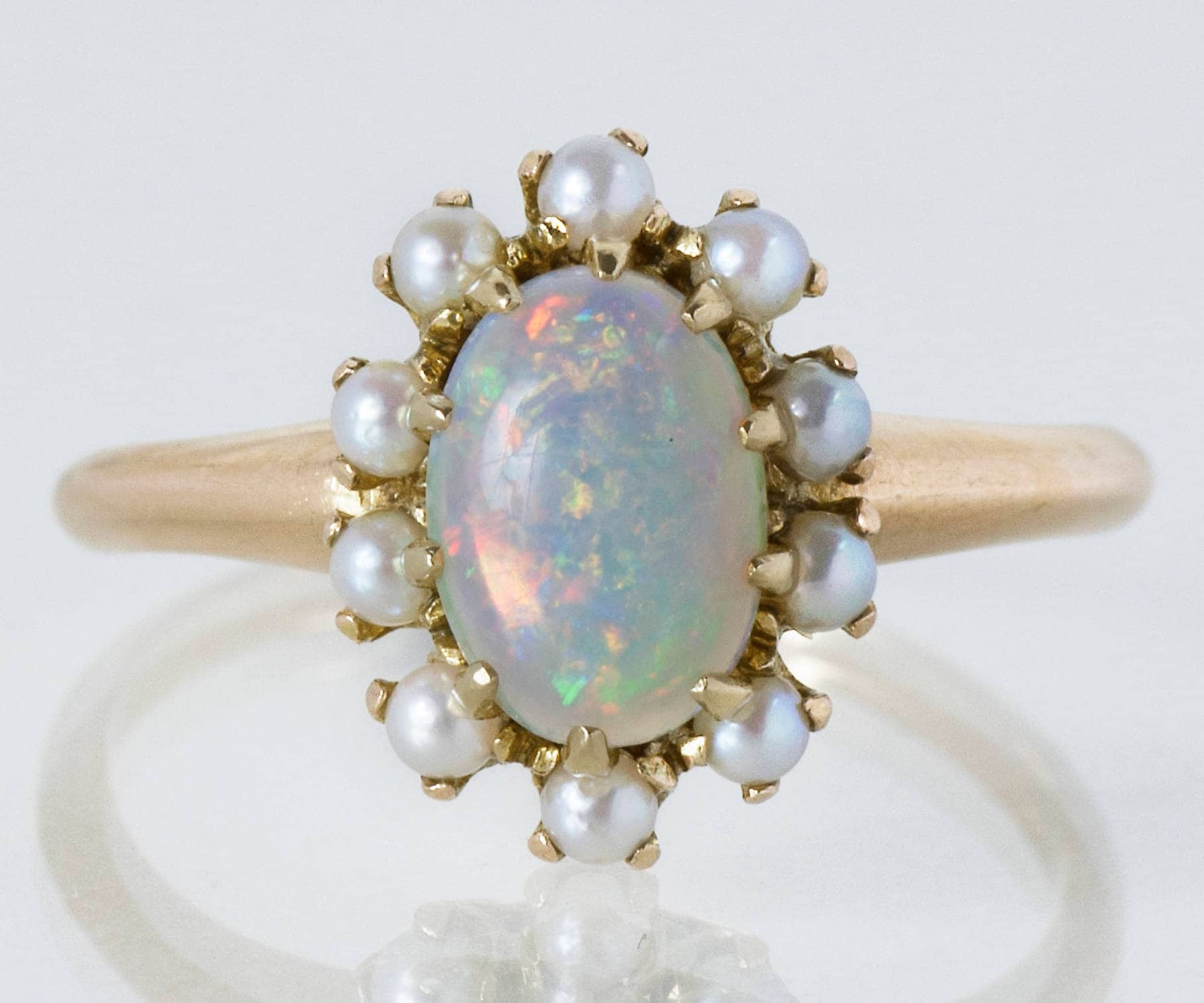Antique Victorian 10K Rose Gold Opal and Seed Pearl Ring