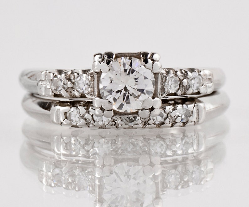 Vintage Engagement Ring Vintage 1940s Platinum Diamond Wedding Set image 1
