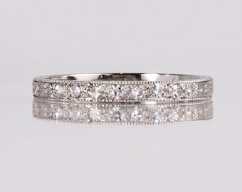 Antique 18K White Gold Diamond Wedding Band: Etched Floral Ring
