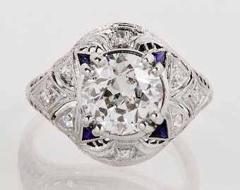 Antique Engagement Ring - Antique Art Deco 2.54ctw Diamond and Sapphire Platinum Engagement Ring