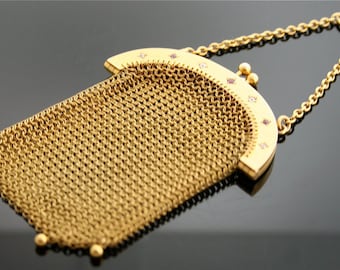 Antique Mesh Purse - Antique 14k Yellow Gold Diamond & Ruby Mesh Purse