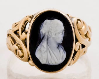 Antique Ring - Antique 10k Yellow Gold Black Onyx Cameo Ring