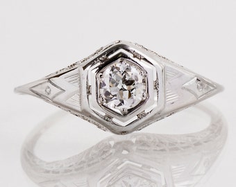 Antique Engagement Ring - Antique Art Deco 18k White Gold Diamond Engagement Ring