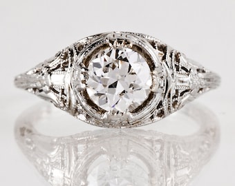 Antique Engagement Ring - Antique 1920s 18k White Gold and Diamond Filigree Engagement Ring