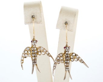 Antique Earrings - Antique Georgian 14k Yellow Gold 1.50ctw Rose Cut Diamond Swallow Earrings