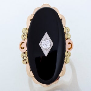 Antique Ring - Antique 10k Tri-Gold Large Onyx & Diamond Statement Ring