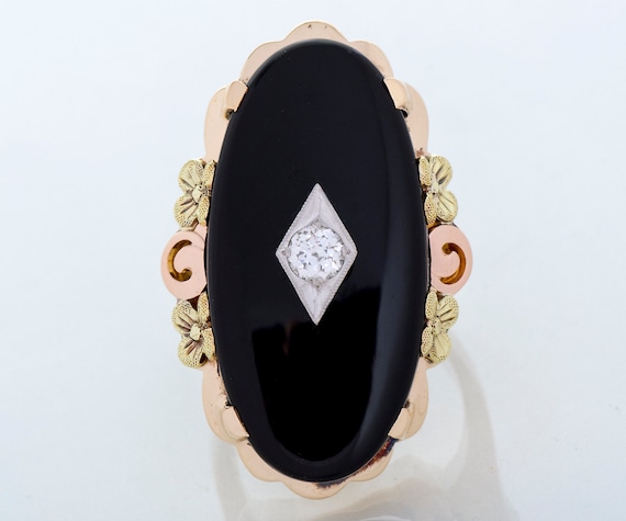 Antique Ring - Antique 10k Tri-Gold Large Onyx & Diamond Statement Ring