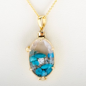 Locket Necklace - 14k Yellow Gold Rock Crystal Quartz Floating Turquoise & Diamond Locket Necklace