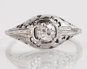 Antique Engagement Ring - Antique 1930s 14k White Gold Filigree Diamond Engagement Ring